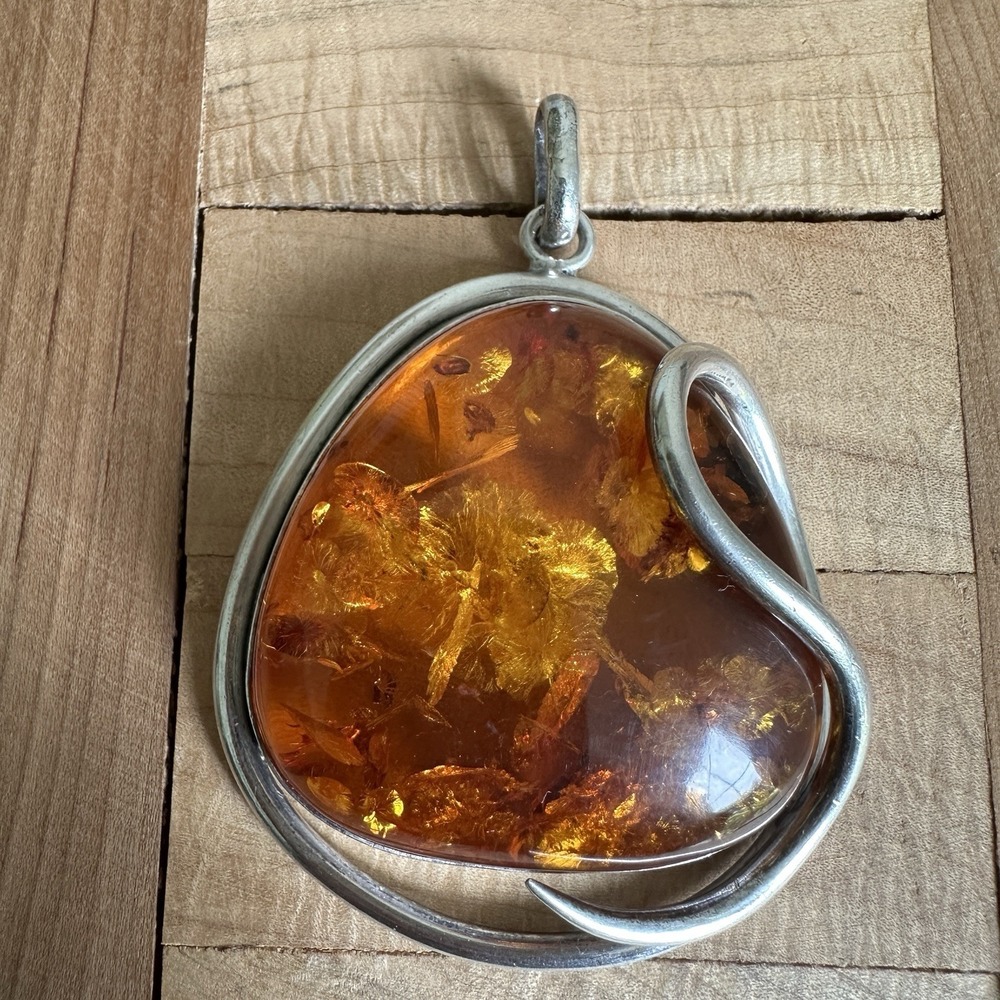 Vintage Artisan Pendant 2.9 Inch Baltic Amber Domed Modernist 925 Sterling 44.4g